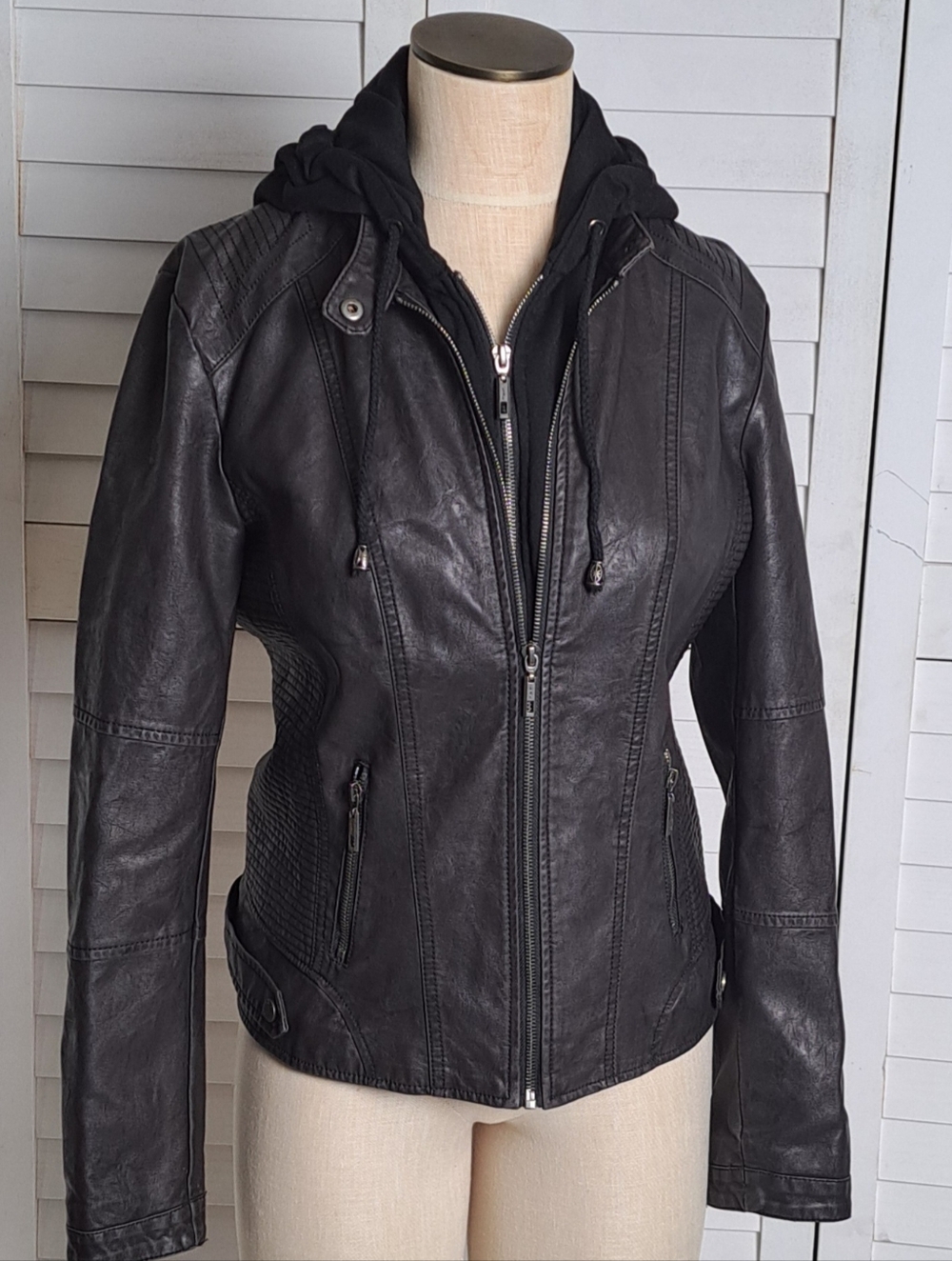 Lock and Love Faux Leather Moto Jacket Medium Brown Zilver Shimmer Hooded